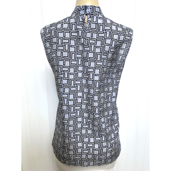 Les Copains Silk Top Blouse Geometric Sleeveless Neck Tie Gray Blue 42 4 6 S - Picture 4 of 8